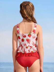 Strawberry Shortcake X SHEIN Tween Girl 彩色甜美水果全身印花荷叶边蝴蝶结比基尼套装，适合夏季海滩