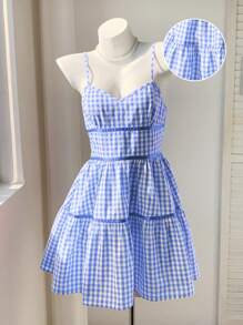 Comfortcana Women's Blue Gingham Mini Dress: Casual Sleeveless Spaghetti Strap Summer Dress With Shirred Details And Flounce Hem - Blue - View 1