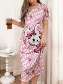 Camisón largo con estampado de gato y bloques de color, estilo dulce y acogedor para mujer en temporada de vacaciones, Moo Moo