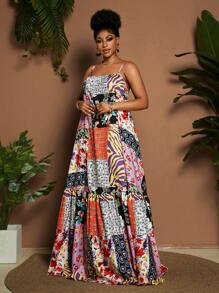 Maweii Plus Size Women Vacation Zebra Print Ruffle Hem Spaghetti Strap Dress - Multicolor - View 5