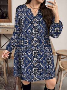SHEIN LUNE Plus Size Women's Casual Vintage Floral Pattern Long Sleeve Dress, Suitable For Summer,Beach Dress Sundress,Holiday Outfits Boho Fall Clothes Chic Dress - Navy Blue - View 2
