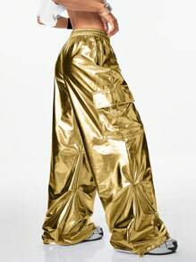 Coolane 时尚抽绳高腰阔腿工装裤，具有全息效果 - 金色 - 查看 5