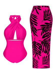Swim Oasis 2pcs Plus Size Women Halter Backless One Piece Swimsuit With Random Printed Long Beach Cover-Up Skirt, Vacation Beachwear Set For Summer - Pink - View 5