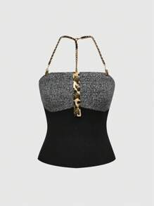 ROMWE Kawaii Top de punto desmontable con botones a presión, detalles de cadena y bloques de color, estilo Gal, para mujeres - Multicolor - Ver 1