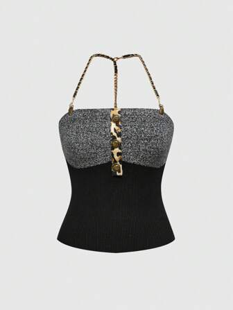 Kawaii Gal-Style Snap Button Color Block Chain Detachable Knitted Top For Women