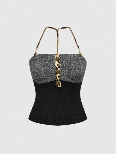 Kawaii Top a maglia staccabile con catena, blocchi di colore e bottoni a pressione, stile Gal, per donne