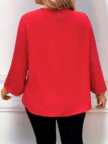 EMERY ROSE Plus Size Casual Enfärgad spetspanel blus med upprullbar ärm - Röd - Visa 3