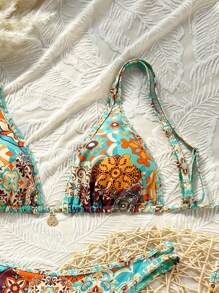 SHEIN Swim Vcay 女士热带印花性感两件套比基尼套装，带可调节肩带 - 彩色 - 查看 5