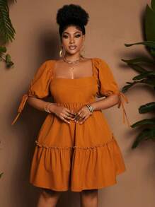 Maweii 大码女式度假纯色系带泡泡袖连衣裙 - 棕色 - 查看 2