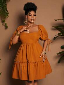 Maweii 大码女式度假纯色系带泡泡袖连衣裙 - 棕色 - 查看 6