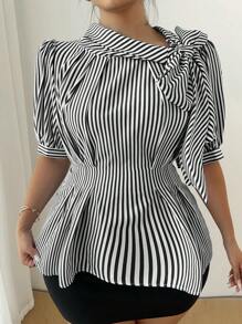 Elenzga Plus Size Elegant Striped Collared Blouse With Bow Pleated Detail - Black and White - View 3