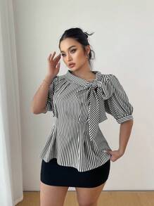 Elenzga Plus Size Elegant Striped Collared Blouse With Bow Pleated Detail - Black and White - View 6