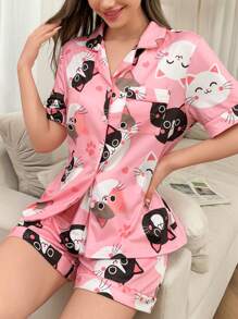 Dream Adore Conjunto de pijama de mujer con estampado de animales en todo el diseño y cuello con solapa