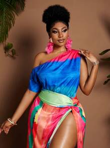 Maweii Plus Size Satin Twist Knot Slit All-Over Print Open Shoulder Bodycon Dress