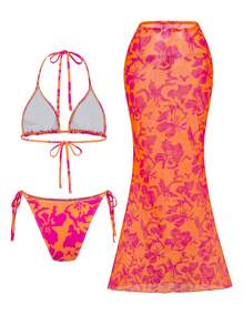 Swim SXY Women's 3pcs/Set Beach Summer Outfit, Includes Printed Spaghetti Strap Crop Top, Tie Side Swimwear Bottom, And Long Dress Bikini Set - Multicolor - View 5