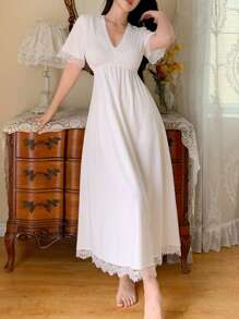 Côtesoire 优雅法式蕾丝边宽松女士睡裙 - 白色 - 查看 5