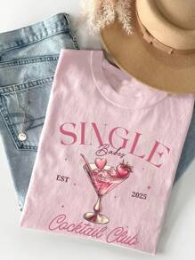 Maglietta casual da donna con stampa di lettere di bevande da vacanza