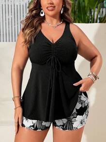 Swim Lushoire 2 قطعة من البكيني بِسُترابات رفيعة و صدرية بفتحة على شكل V والجزء السفلي مقسوم، بطباعة عشوائية، مقاس كبير للنساء