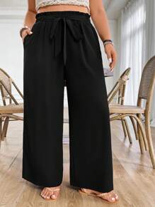 Linhara Plus Size Women's Solid Color Belted Casual Pants, Suitable For Outings, Vacation And Daily Wear, Spring/Summer