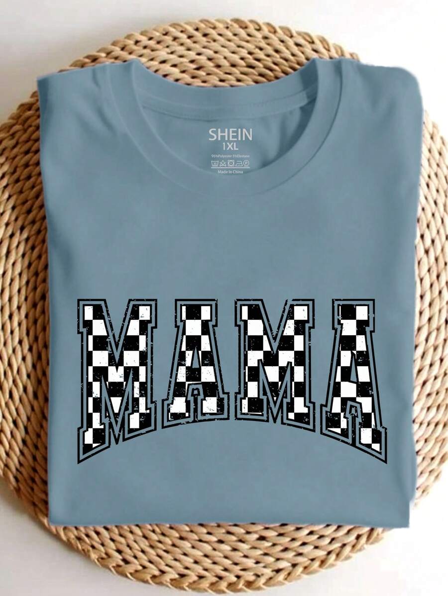 SHEIN LUNE Plus Size Comfortable Plaid Mother's Shirt Gift, Vintage Mom T-Shirt, Mother's Day Gift, Retro Plaid Mom T-Shirt, Ladies T-Shirt - Dusty Blue - View 1