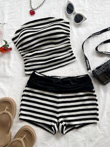 Soleia Women 2pcs/Set Holiday Striped Ruched Tube Top & Low Waist Shorts, Summer Clothes, Beach Outfit,Summer Sets - Black and White - View 4