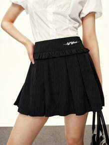 INAWLY Women's Black Striped Woven Sports Ballet Pleated Hem Mini Skirt, Spring/Summer - Black - View 6