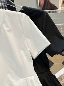 Franclia 女士休闲纯色不对称下摆 T 恤 - 白色 - 查看 4