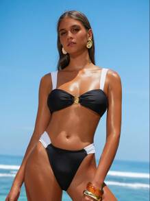 SHEIN Summer Beach Holiday Women 2pcs Set Metal Strap Crop Top & Wide Leg Pants Bikini Set