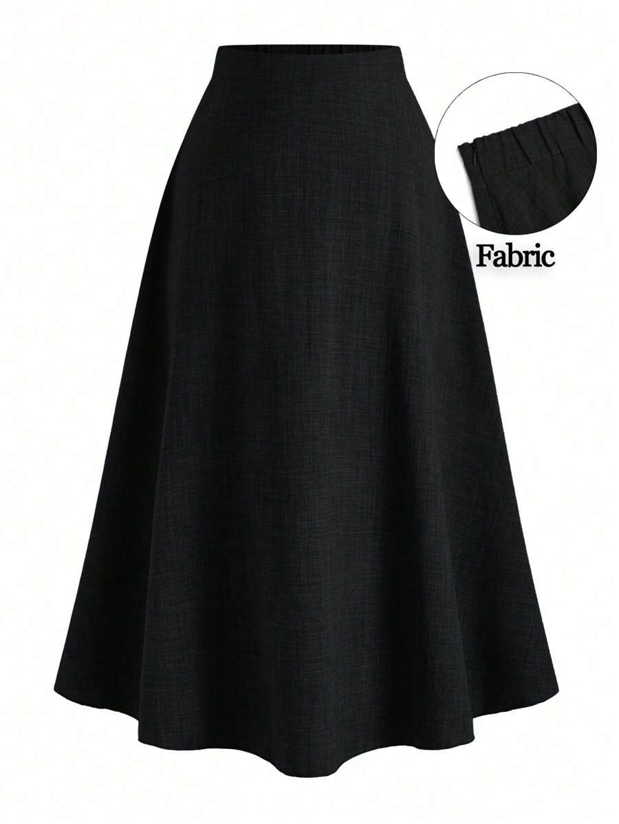 SHEIN Clasi Plus Size Women A-Line Gray Linen Mid-Length Casual Skirt, Spring - Black - View 1