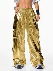 Coolane 时尚抽绳高腰阔腿工装裤，具有全息效果 - 金色 - 查看 7