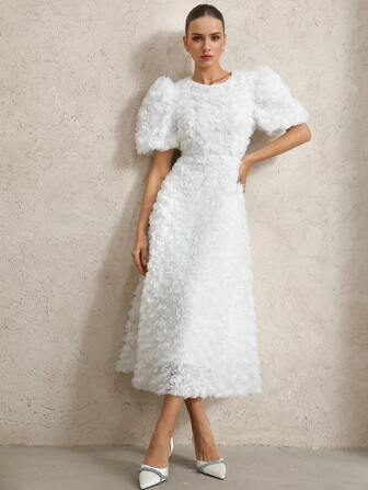 Aveloria Rosie French Romantic Rose 3D Embellished V-Neck Puff Sleeve Cinched Waist Dress For Women Elegant FashionableOld Money Style For Summer