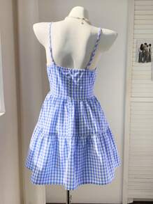 Comfortcana Women's Blue Gingham Mini Dress: Casual Sleeveless Spaghetti Strap Summer Dress With Shirred Details And Flounce Hem - Blue - View 2