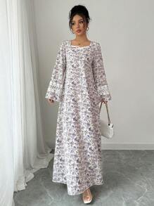 Yasmyna Vestido largo modesto de manga larga y holgado con estampado floral de patchwork y encaje para mujer, estilo árabe