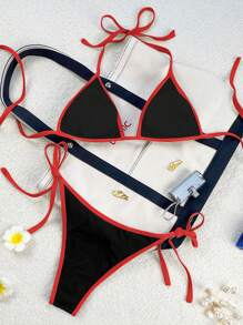 Swim Vcay Bộ bikini dây mảnh cổ yếm màu đen + đỏ phối hợp gợi cảm dành cho nữ, thích hợp cho kỳ nghỉ hè 2026. - Nhiều màu - Xem 3