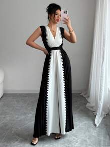 Elenzga Women's Elegant Sleeveless V-Neck Color Block Long Jumpsuit - Black and White - View 5