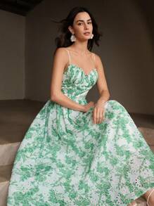 Anewsta Vacation, Elegant, Easter Boho Style Hollow-Out Floral Print Spaghetti Strap Dress For Summer - Green - View 1