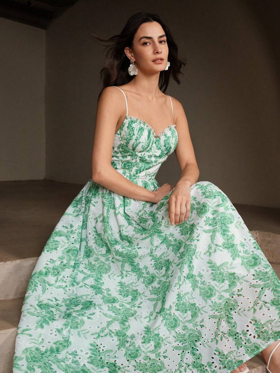Anewsta Vacation, Elegant, Easter Boho Style Hollow-Out Floral Print Spaghetti Strap Dress For Summer - Green - View 1