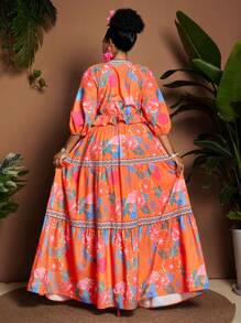 Maweii Plus Size Women Holiday Floral Print Lantern Sleeve Knot Front Blouse And Ruffled Hem Midi Skirt 2 Pieces Set