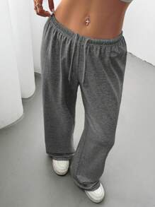 SHEIN EZwear 大码低腰抽绳宽松直筒运动裤 - 深灰色 - 查看 6