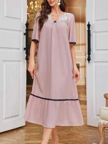 French Elegant Lace Patchwork Loose Long Nightgown For Women