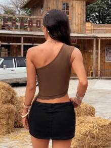 SHEIN EZwear Summer Country Concert Women Brown Lace Trimmed Fitted Asymmetrical Neck Top