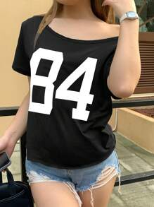 SHEIN Explorewe Teen Girls Summer Casual Numeric Print Asymmetrical Neck Batwing Sleeve T-Shirt