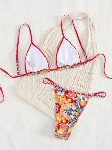 Swim Mod Floral Print Triangle Cup Sexy Bikini Set, Summer Vacation Style - Multicolor - View 3