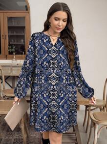 SHEIN LUNE Plus Size Women's Casual Vintage Floral Pattern Long Sleeve Dress, Suitable For Summer,Beach Dress Sundress,Holiday Outfits Boho Fall Clothes Chic Dress - Navy Blue - View 7