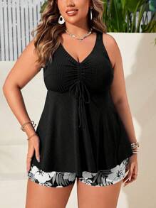 Swim Lushoire 2 قطعة من البكيني بِسُترابات رفيعة و صدرية بفتحة على شكل V والجزء السفلي مقسوم، بطباعة عشوائية، مقاس كبير للنساء