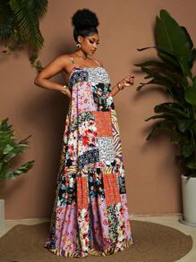 Maweii Plus Size Women Vacation Zebra Print Ruffle Hem Spaghetti Strap Dress - Multicolor - View 4