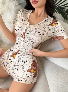 Cute Panda Allover Print Tight Fit Ladies Summer Jumpsuit Loungewear - Multicolor - View 3