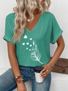 INAWLY Women's Casual V-Neck Short Sleeve Turnover Cuff Feather Print Pattern T-Shirt, Versatile For Spring And Summer - Mint Green - View 5