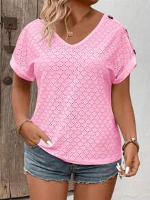 SHEIN LUNE Tricou de damă, primăvară/vară, ocazional, cu decolteu în V, cu mânecă scurtă, cu mâneci rotative, cu mâneci cu butoane, cu accent în contrast, cu mărime mare