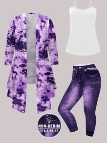 SHEIN Plus Size Women 3pcs Casual Set With Tie-Dye Printed Design Fall Cloth For Women